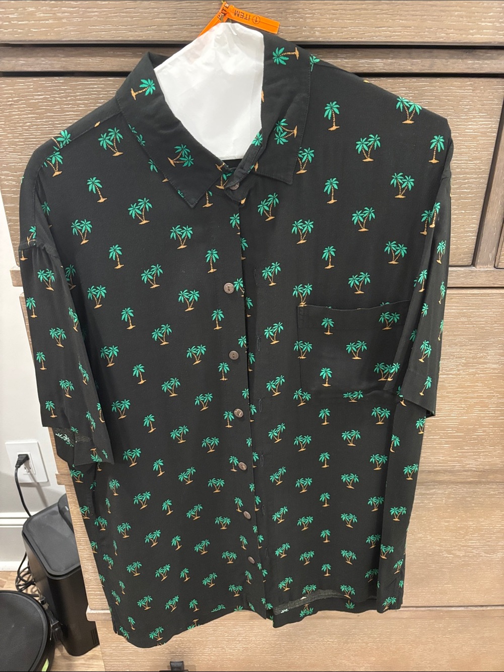 Kenny Flowers Black Shirt with Green and Gold Palm Tree Print
